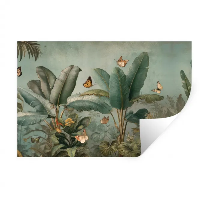 Tropisch bladerdek - Vlinders - groen - Bruin Muursticker klein -3d