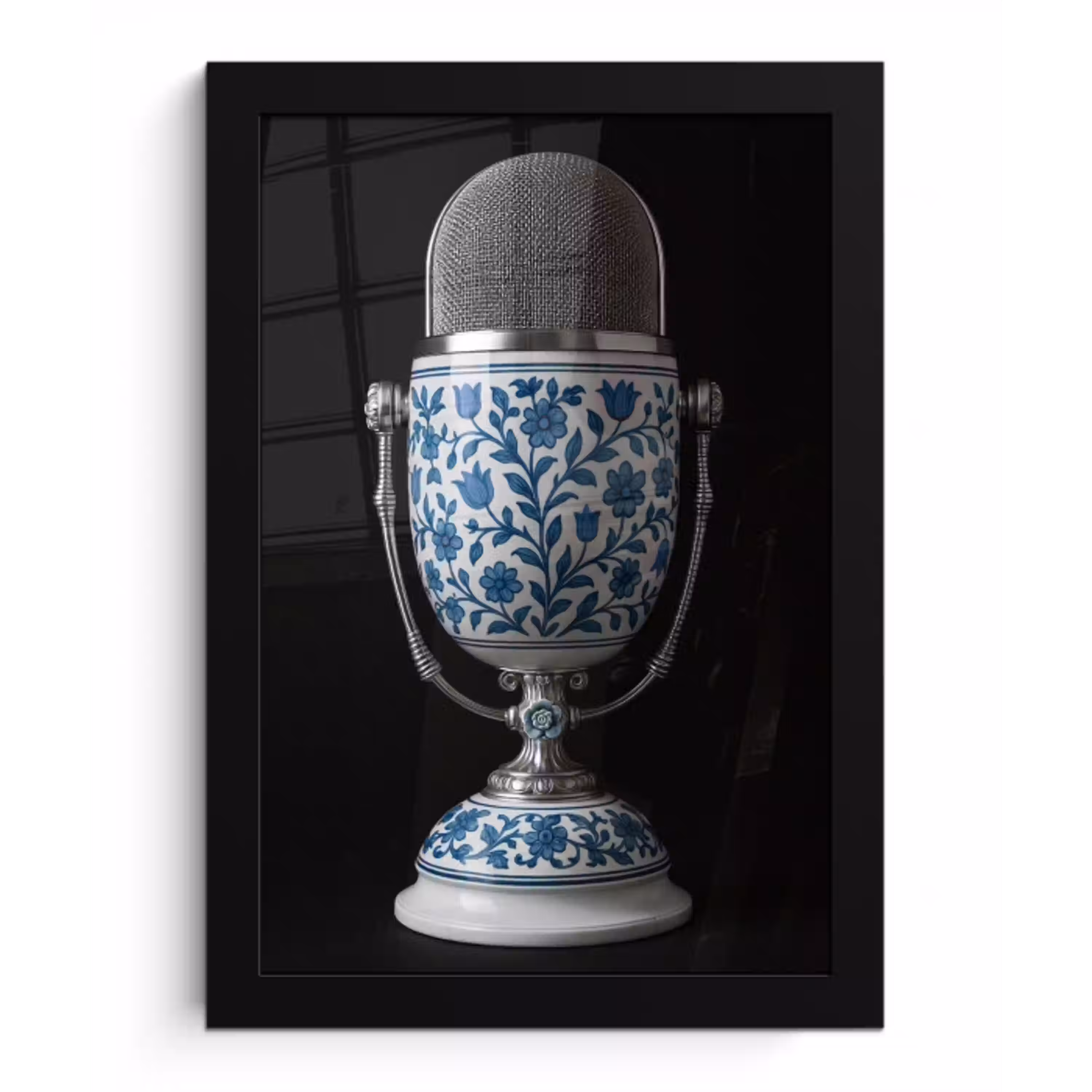 Microfoon - Delfts blauw - Muziek fotolijst zwart zonder passe partout klein -3d