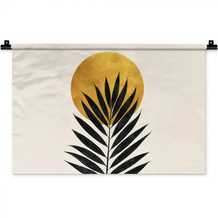 Zwart palmblad - Gouden cirkel - Beige achtergrond Wandkleed katoen klein -zz3d