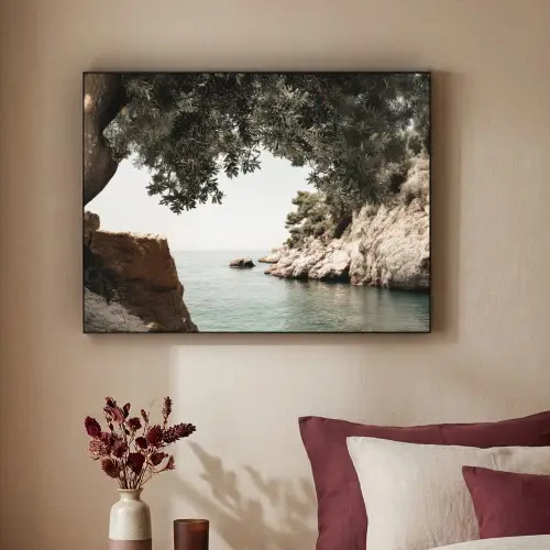 Rotsen - Zee - Boom - Groen Textielframe zwart klein -sfeer1