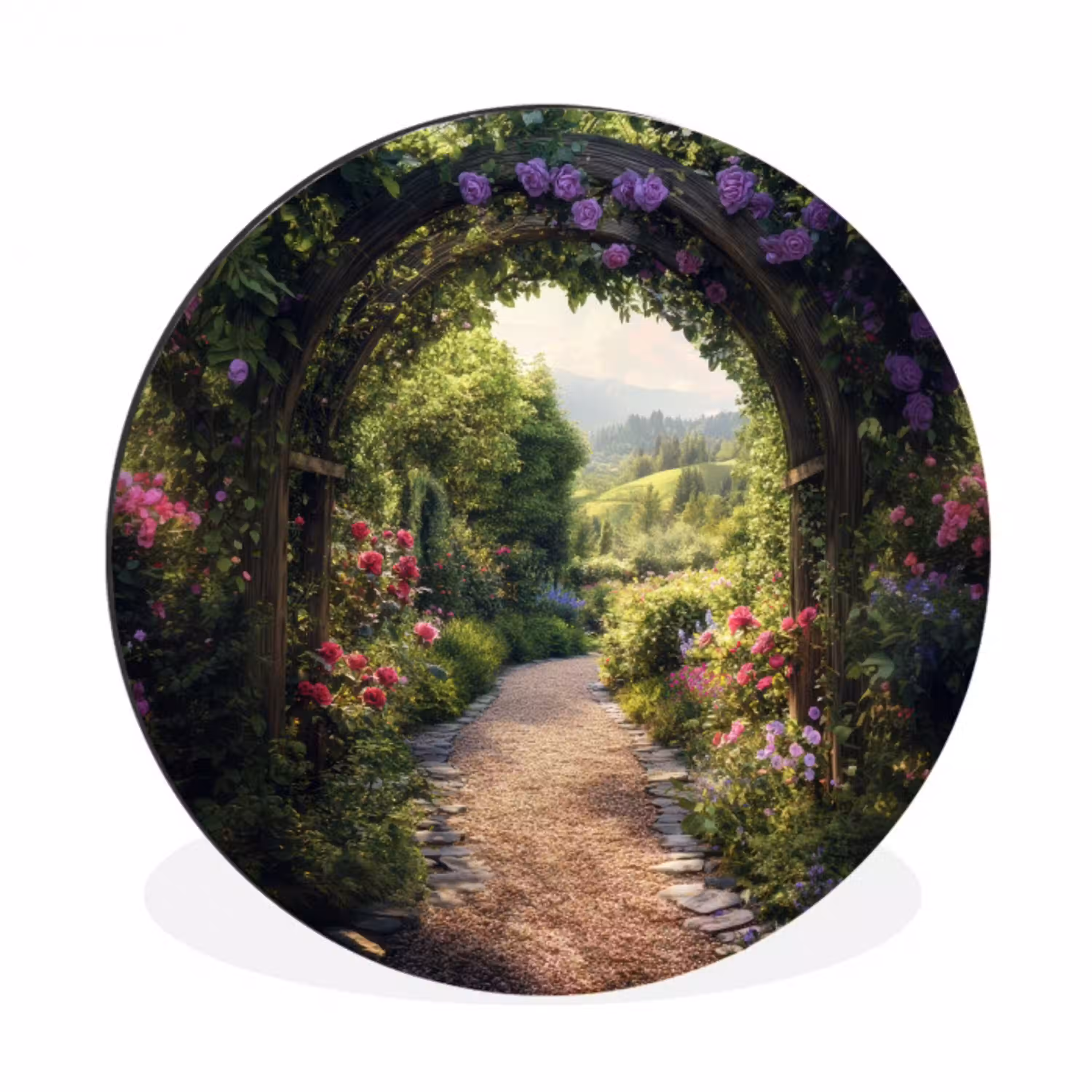 Doorkijk - Landschap - Bloemen - Tuinboog - Natuur Wandcirkel aluminium klein -3d