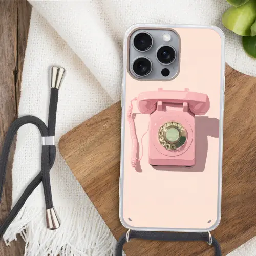 Draaischijftelefoon - Retro - Roze Hoesje iPhone 16 Pro Max met koord klein -sfeer4