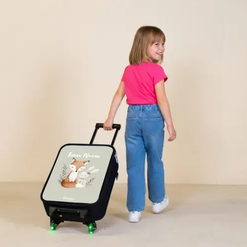 Vos en konijn omringd door groene blaadjes Kinderkoffer - Zwart klein -sfeer1
