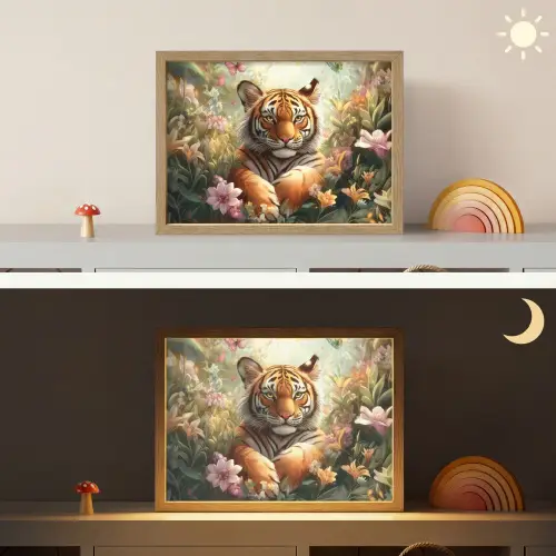Tijger - Bloemen - Jungle - Dieren Light Box met batterij (Wandlamp kind) middel -sfeer3_kind