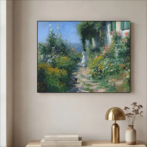 Kat - Vrouw - Bloemen - Huis Textielframe zwart klein -sfeer2
