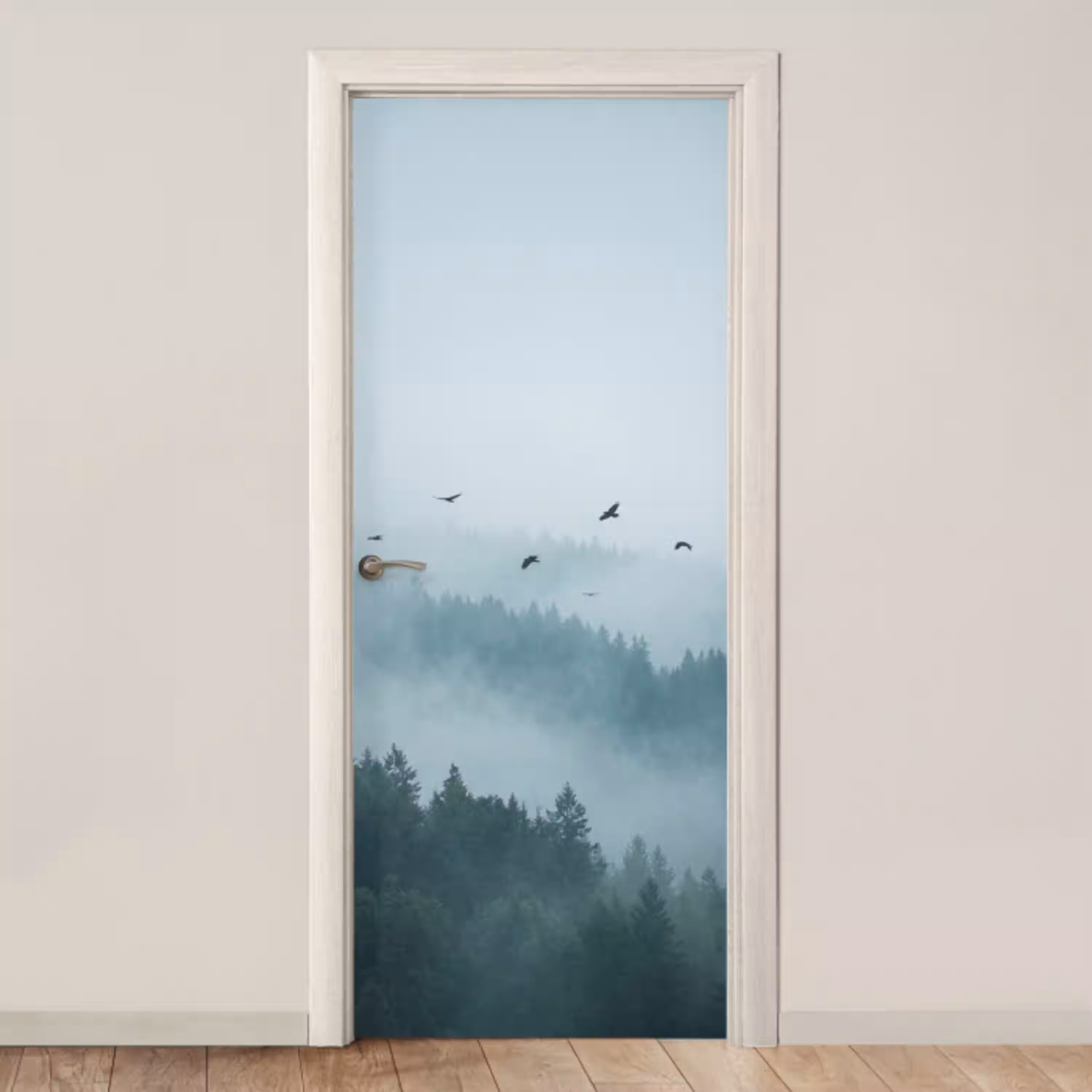 Bos - Mist - Vogels - Natuur - Groen deurposter klein -3d_beige