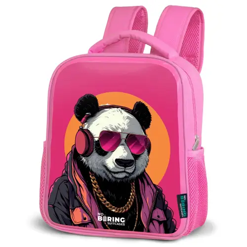 Panda met Koptelefoon, Zonnebril en Gouden Ketting Kinderrugzak - Roze middel -schuin