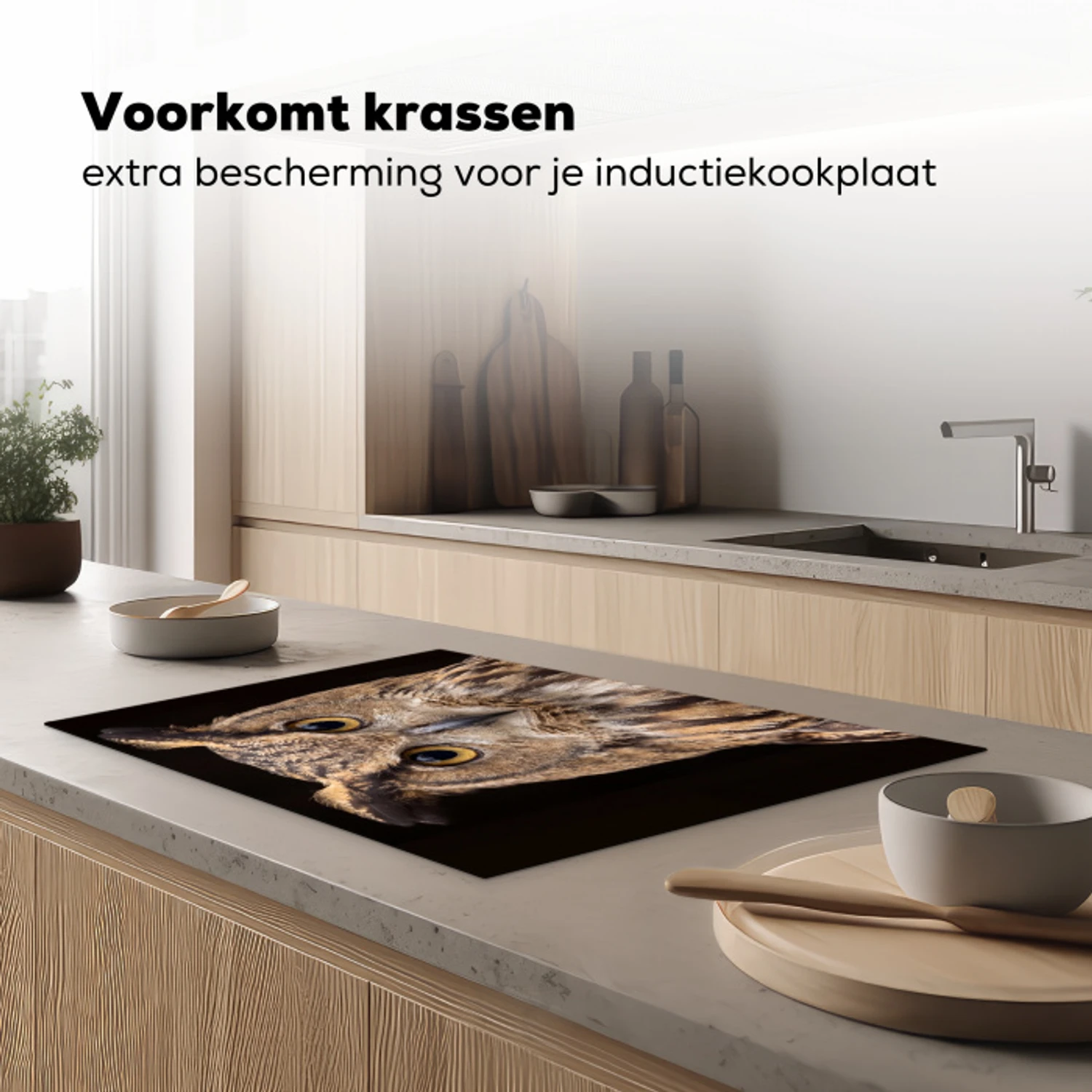 Oehoe - Uil - Portret - Bruin Inductie beschermer vinyl 3mm klein -sfeer1