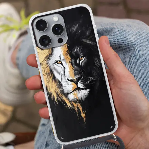 Leeuw - Gesplitst - Zwart - Lijn Hoesje iPhone 16 Pro Max met koord klein -sfeer3