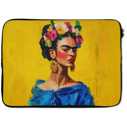 Frida Kahlo - Vrouw - Geel - Blauw - Bloemen laptophoes neopreen klein -zkaufland3dotto