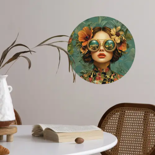 Vrouw - Bloemen - Vlinders - Natuur - Vintage Wandcirkel behangsticker klein -sfeer3