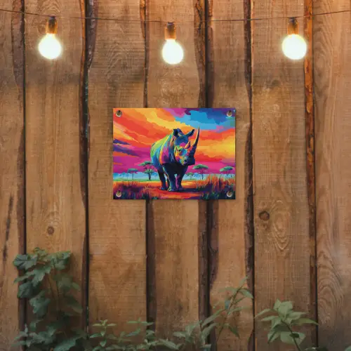 Neushoorn - Zonsondergang - Savanna - Kleurrijk tuinposter los doek klein -sfeer1