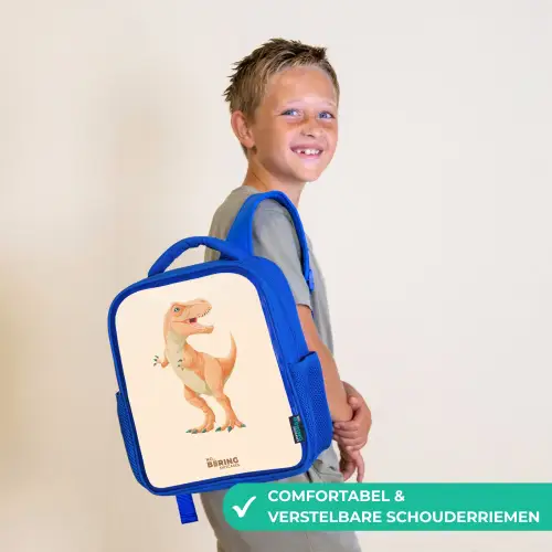 T-rex dino in oranje kleuren Kinderrugzak - Blauw middel -sfeer3_NL