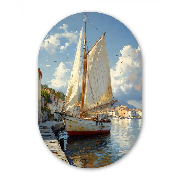 Zeilschip - Huizen - Kade - Zee Wandcirkel Ovaal Glas middel -3d