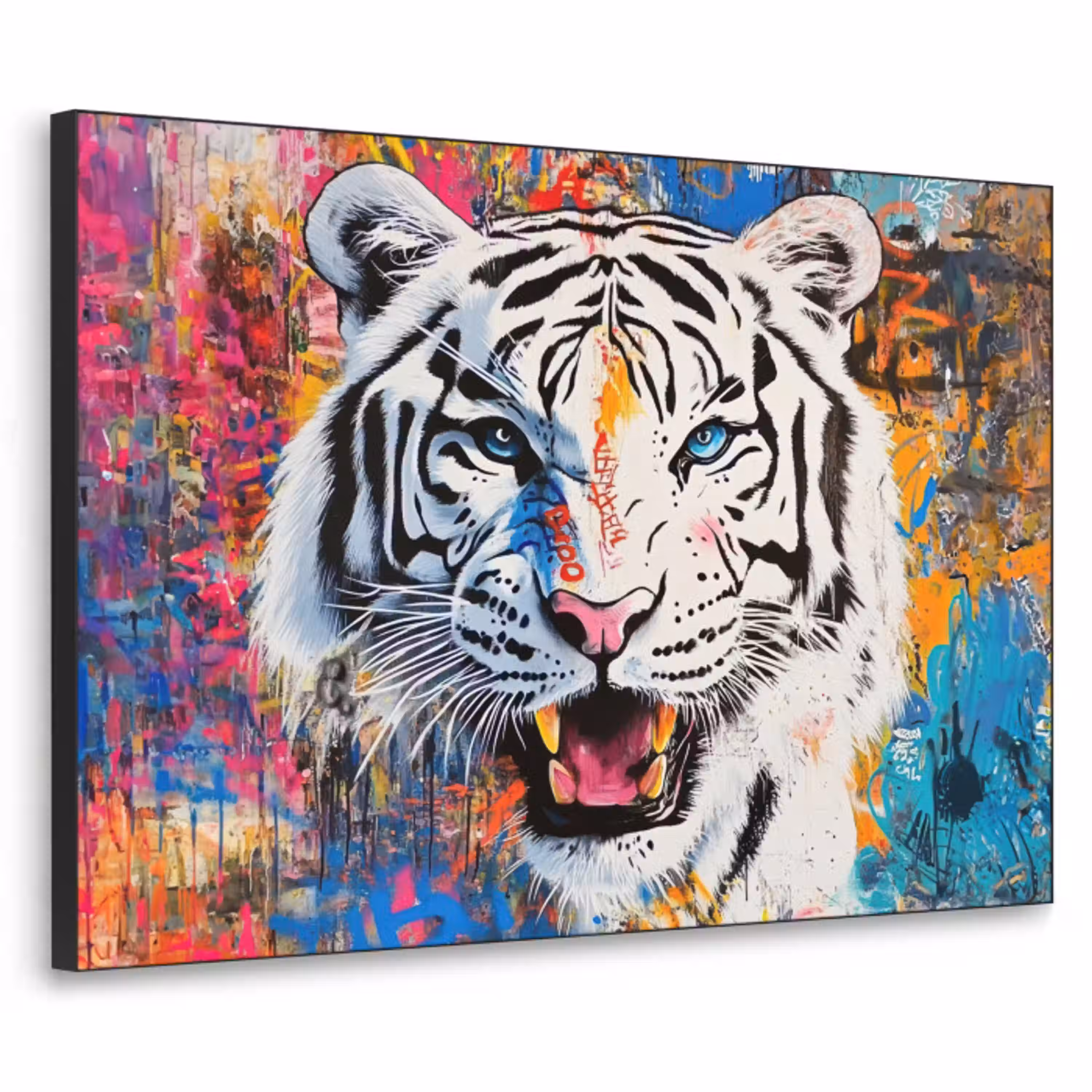 Street art - Tijger - Wit - Graffiti - Dieren Textielframe zwart klein -3d