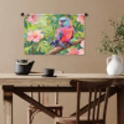 Papagaai - Hibiscusbloemen - Kleurrijk Wandkleed katoen klein -sfeer6