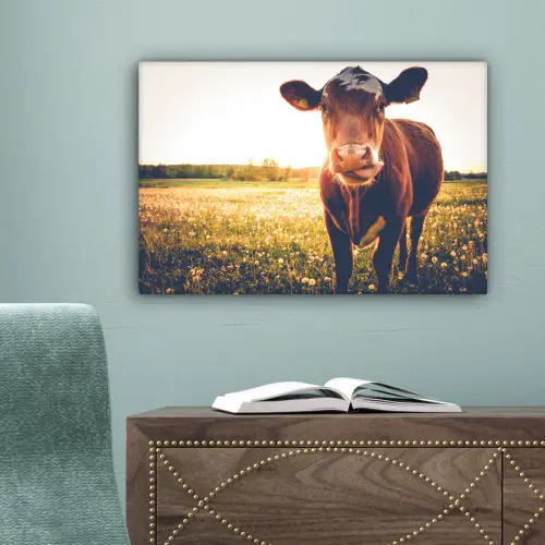 Koe - Zonsondergang - Bloemen - Gras - Dieren canvas 2cm klein -sfeer4
