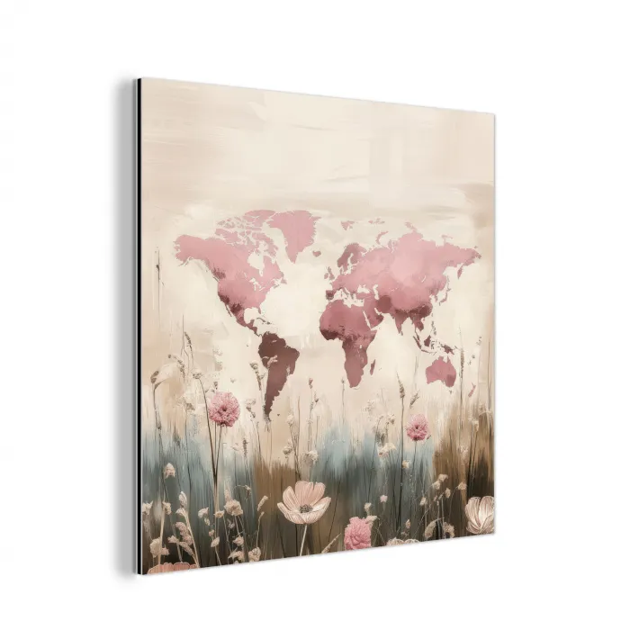 Wereldkaart - Roze - Bloemen aluminium wit klein -3d