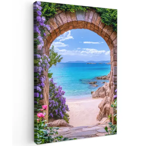 Doorkijk - Poort - Zee - Strand - Rotsen Tuinposter op houten frame 2 cm dik klein -3d