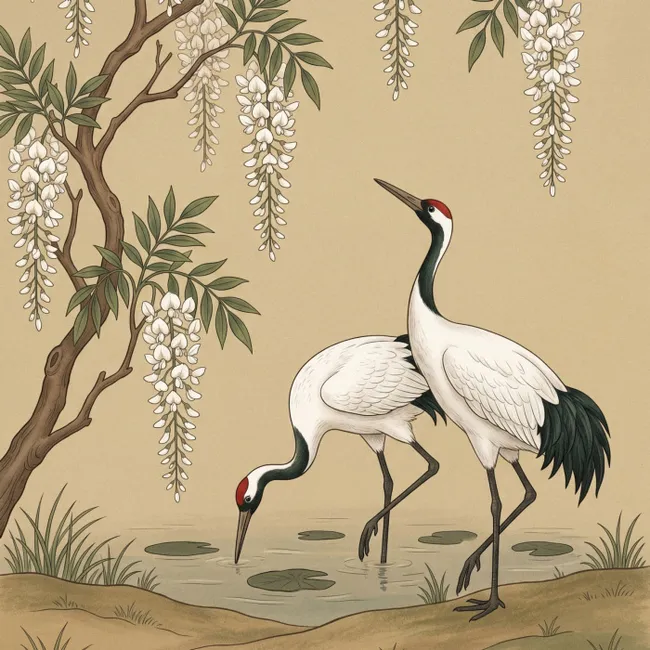 Behang - Kraanvogels - Water - Beige