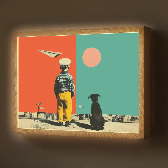 Retro - Jongen - Hond - Rood - Groen Light Box met batterij (Wandlamp) middel -z3d_website