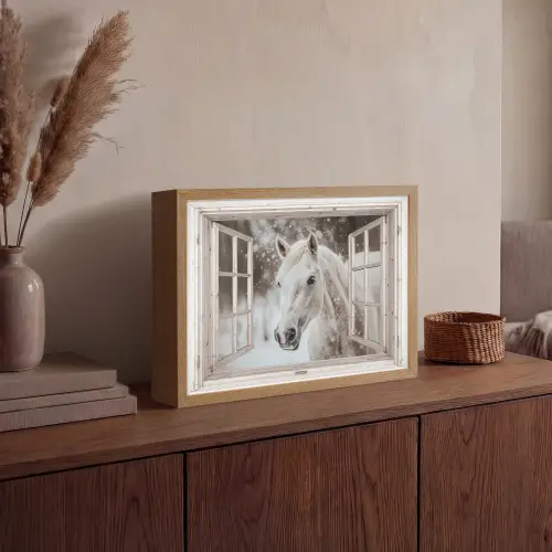 Paard - Wit - Winter - Sneeuw - Doorkijk - Dieren Light Box met batterij (Wandlamp) middel -sfeer2