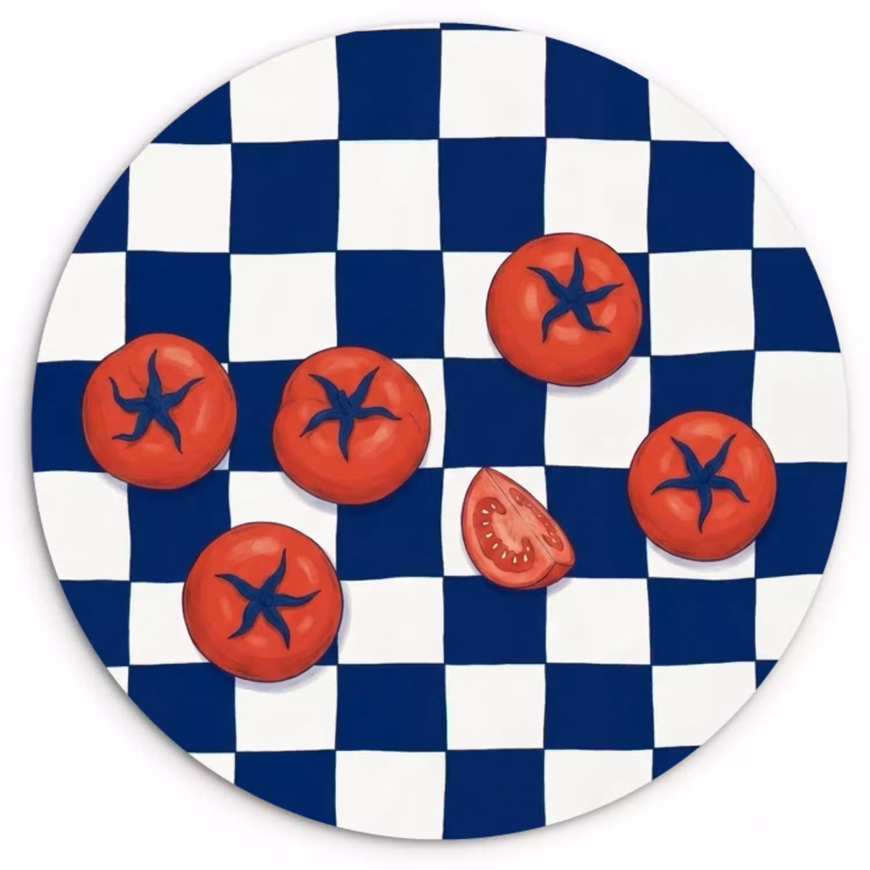 Eten - Tomaten - Keuken - Illustratie - Rood-Blauw Wandcirkel kunststof plaat 5mm dik klein -3d