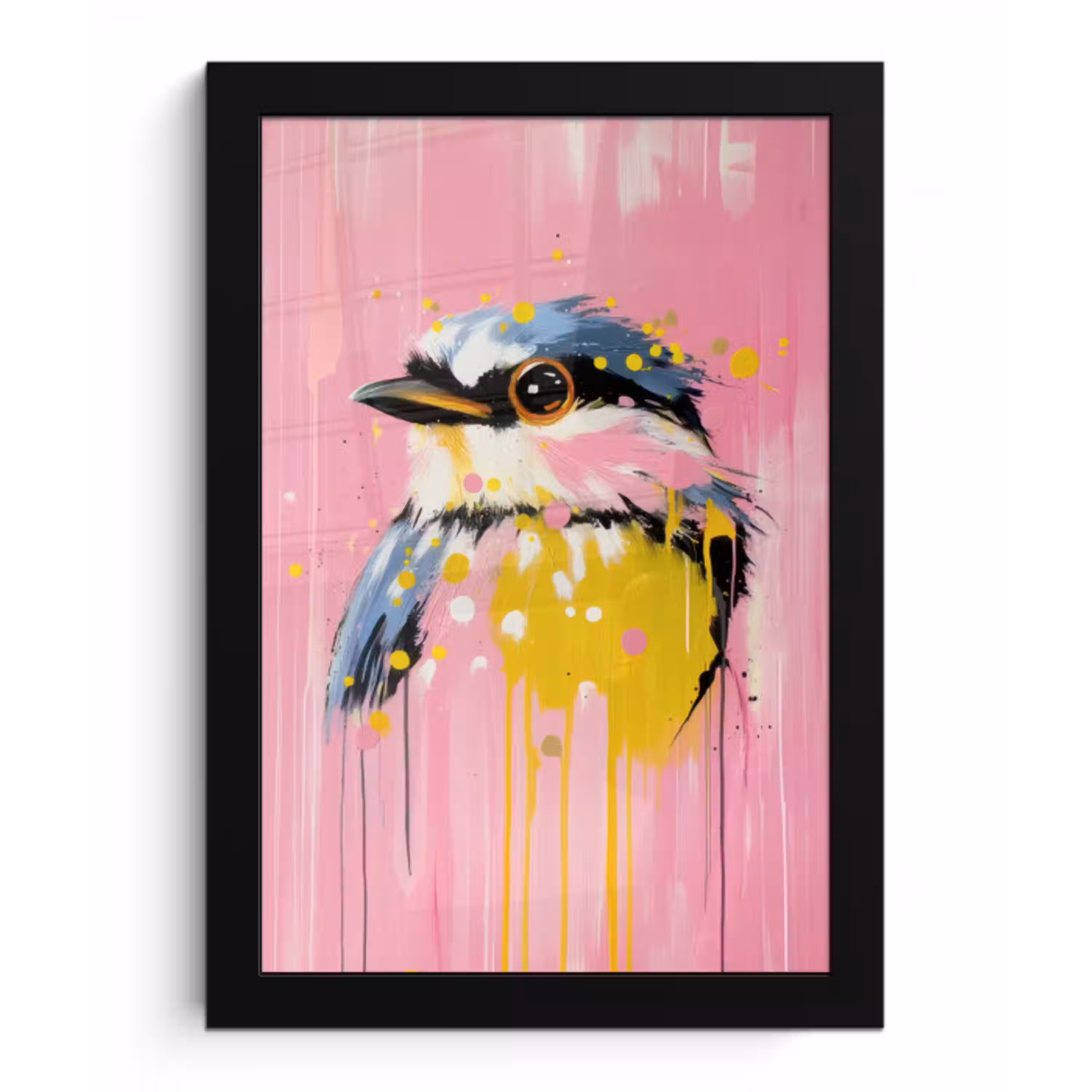 Vogel - Roze - Geel - Blauw fotolijst zwart zonder passe partout klein -3d