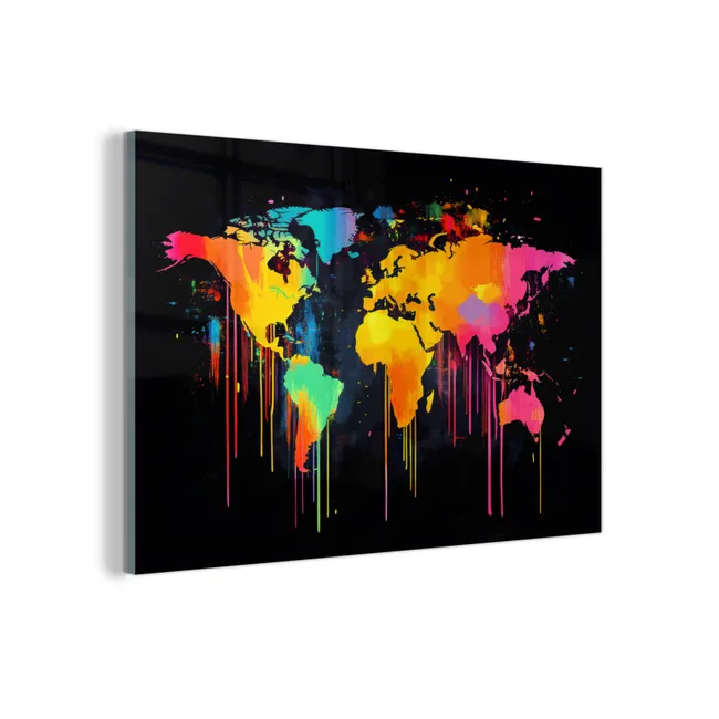 Glas schilderij - Wereldkaart - Verf - Kleurrijk - Graffiti - Wereld