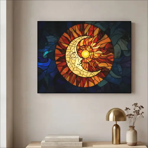 Mozaïek - Glas - Maan - Donkerblauw Textielframe zwart klein -sfeer2
