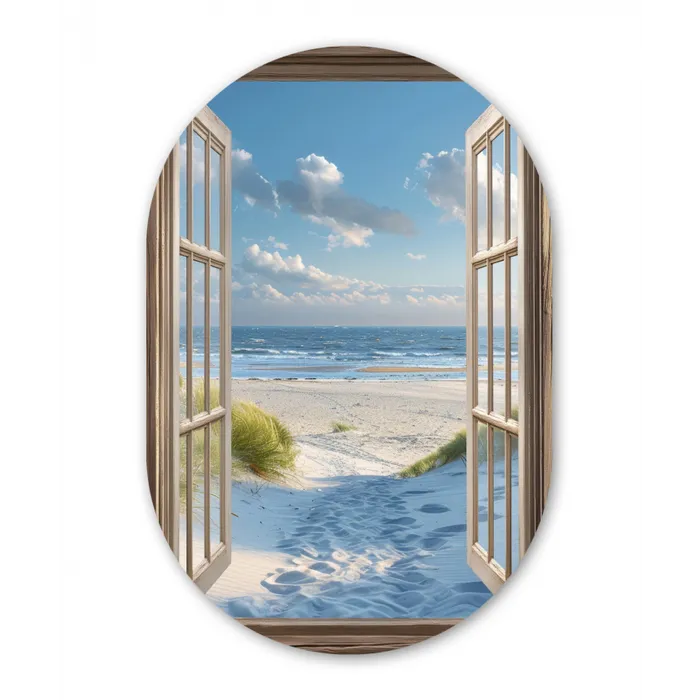 Doorkijk - Strand - Raam - Duinen - Zee Wandcirkel Ovaal Glas middel -3d