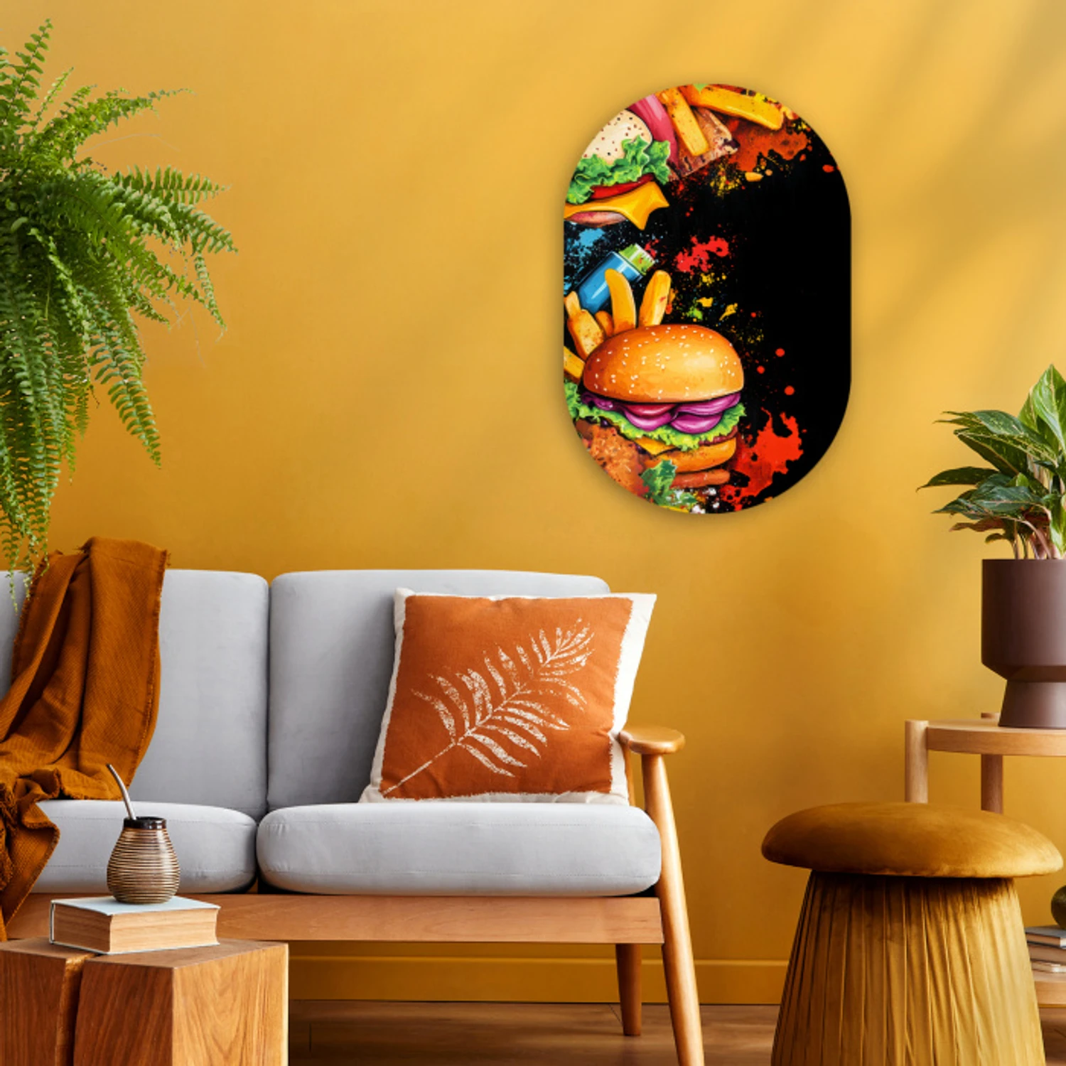Fastfood - Graffiti - Hamburger - Eten - Modern Wandcirkel Ovaal Forex klein -sfeer4