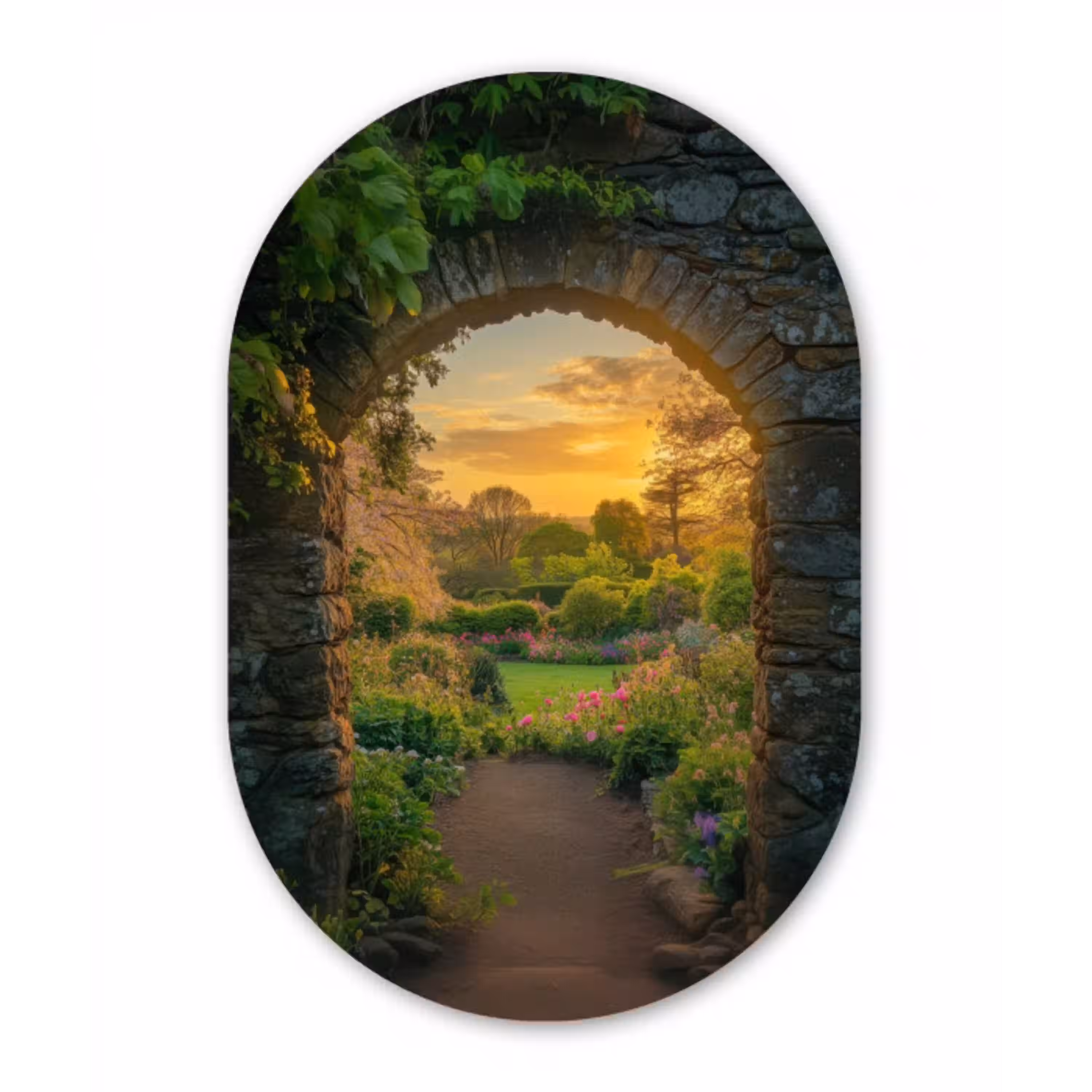 Poort - Planten - Zonsondergang Wandcirkel Ovaal Aluminium middel -3d