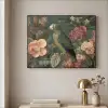 Groene papegaai - Kleurrijke bloemen - Donkere achtergrond Textielframe zwart klein -sfeer2