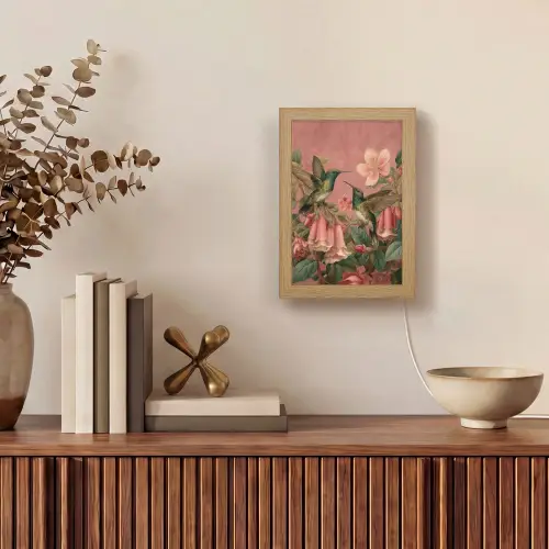 Kolibries - Bloemen - Groen - Roze Light Box met kabel (Tafellamp) klein -sfeer2