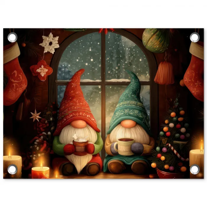 Gnooms - Kerst - Raam - Kleurrijk tuinposter los doek klein -3d