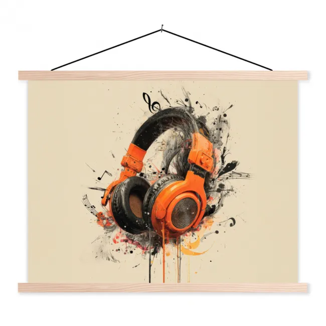 Koptelefoon - Oranje - Explosief textielposter latten blank klein -3d