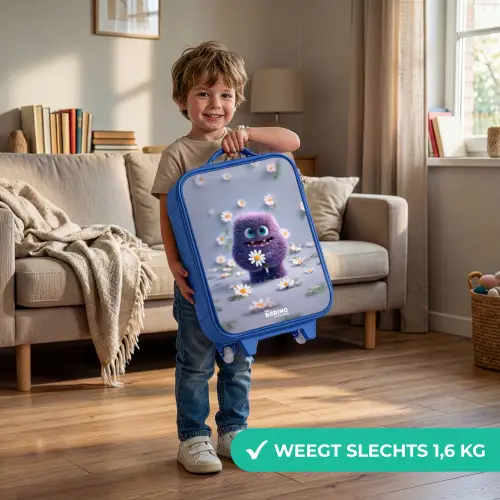 Paars Pluizig Vriendje met Madelief Kinderkoffer - Blauw klein -sfeer2_NL