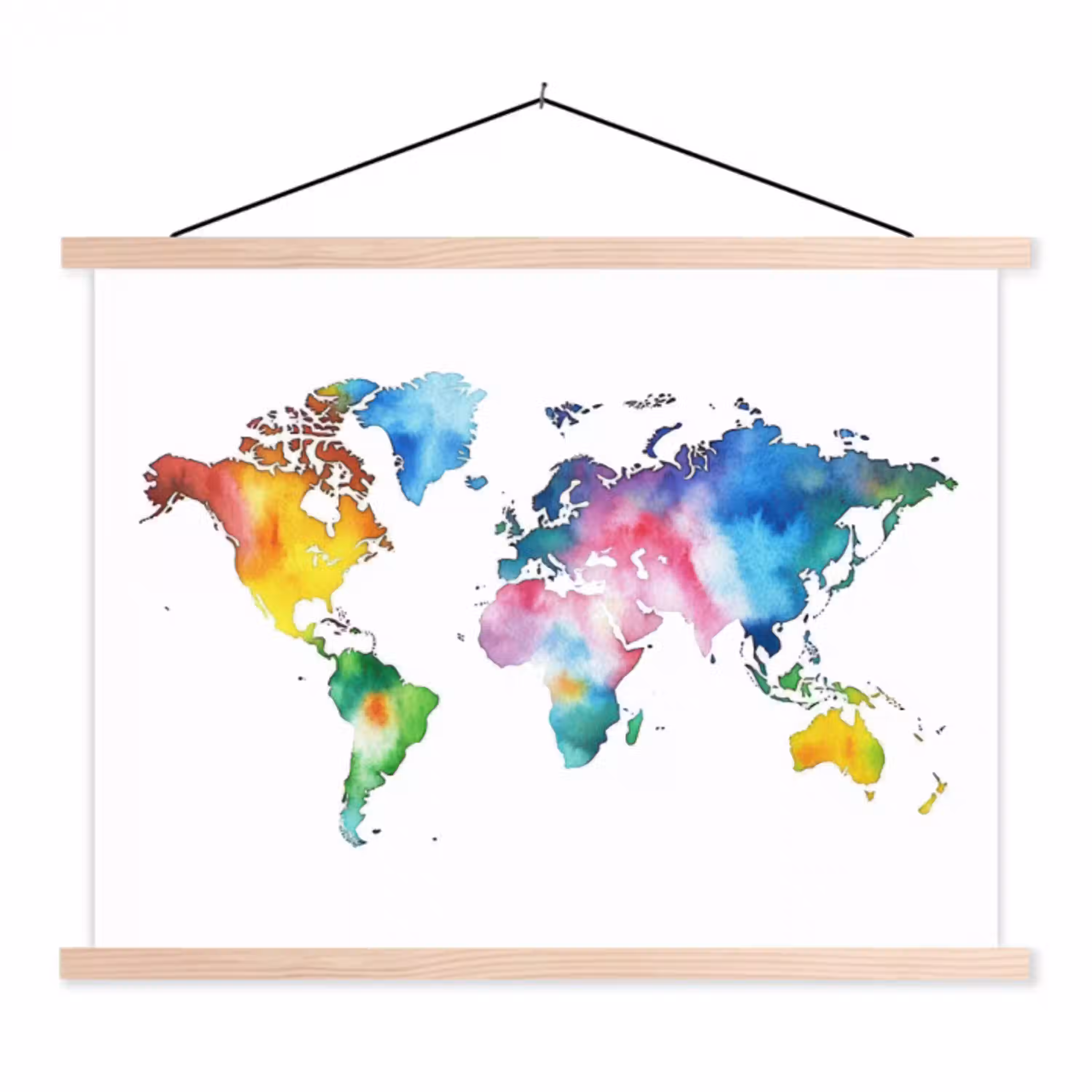 Wereldkaart - Kleur - Regenboog textielposter latten blank klein -3d