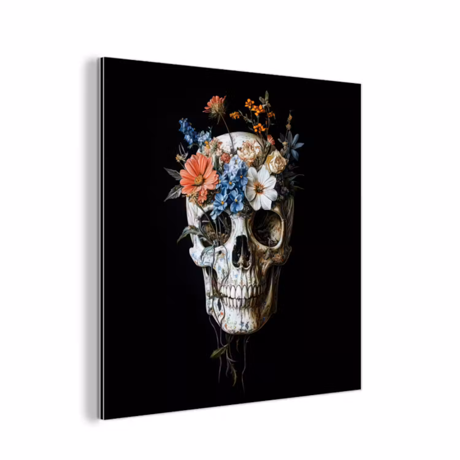 Aluminium schilderij - Bloemen - Schedel - Kleurrijk