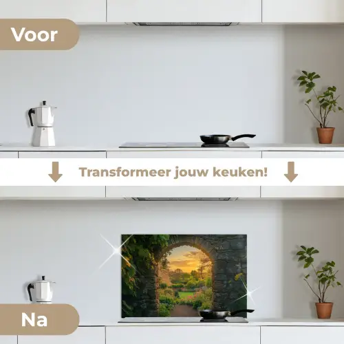 Poort - Planten - Zonsondergang keuken achterwand spatscherm klein -voor_na_NL