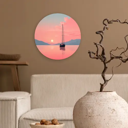 Zeilboot - Roze zee - Zonsondergang - Bergen Wandcirkel kunststof plaat 5mm dik klein -sfeer1