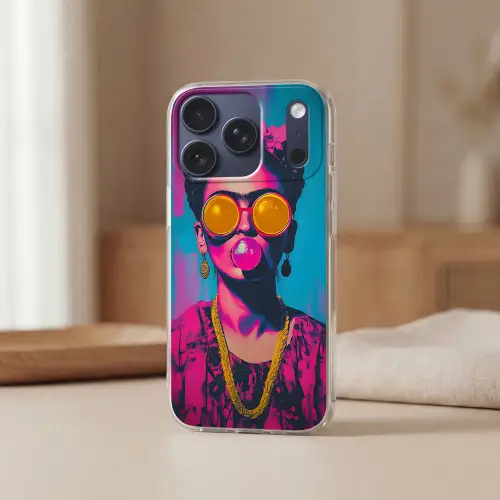 Vrouw - Kauwgom - Zonnebril - Oranje Telefoonhoesje iPhone 17 Pro klein -sfeer2