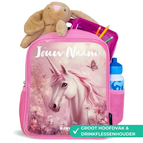 Eenhoorn - Roze - Vlinder - Bloemen Kinderrugzak - Roze middel -inhoud_NL