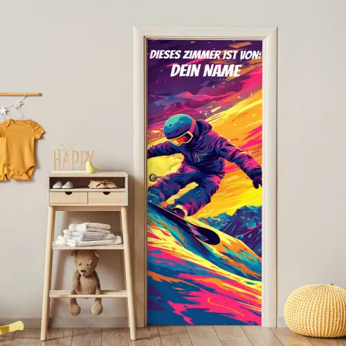 Snowboarder im Neon-Style auf bunter Piste mit personalisierbarem Namensfeld. deurposter klein -sfeer4