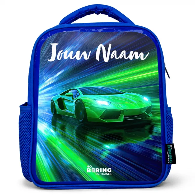 Kinderrugzak met naam - Blauw - Sportauto - Groen - Snelheidslijnen - Neon