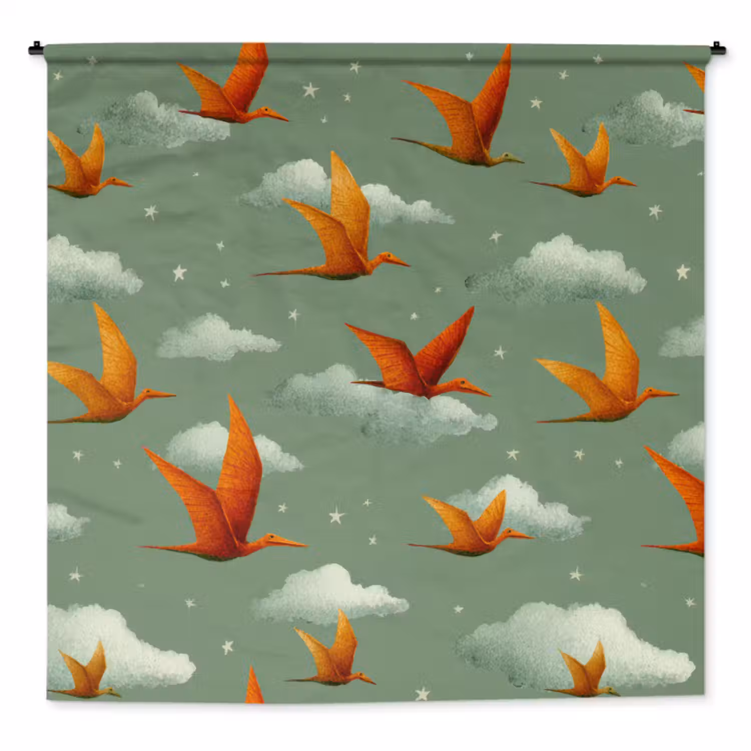 Wandkleed - Dinosaurussen - Wolken - Sterren - Oranje