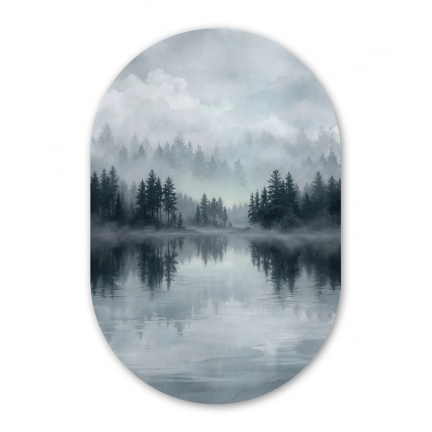 Bos - Meer - Mist - Natuur - Grijs Wandcirkel Ovaal Forex klein -3d