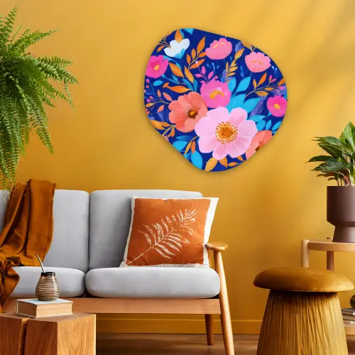 Bloemen - Blauw - Roze Wandcirkel Organisch Aluminium middel -sfeer4