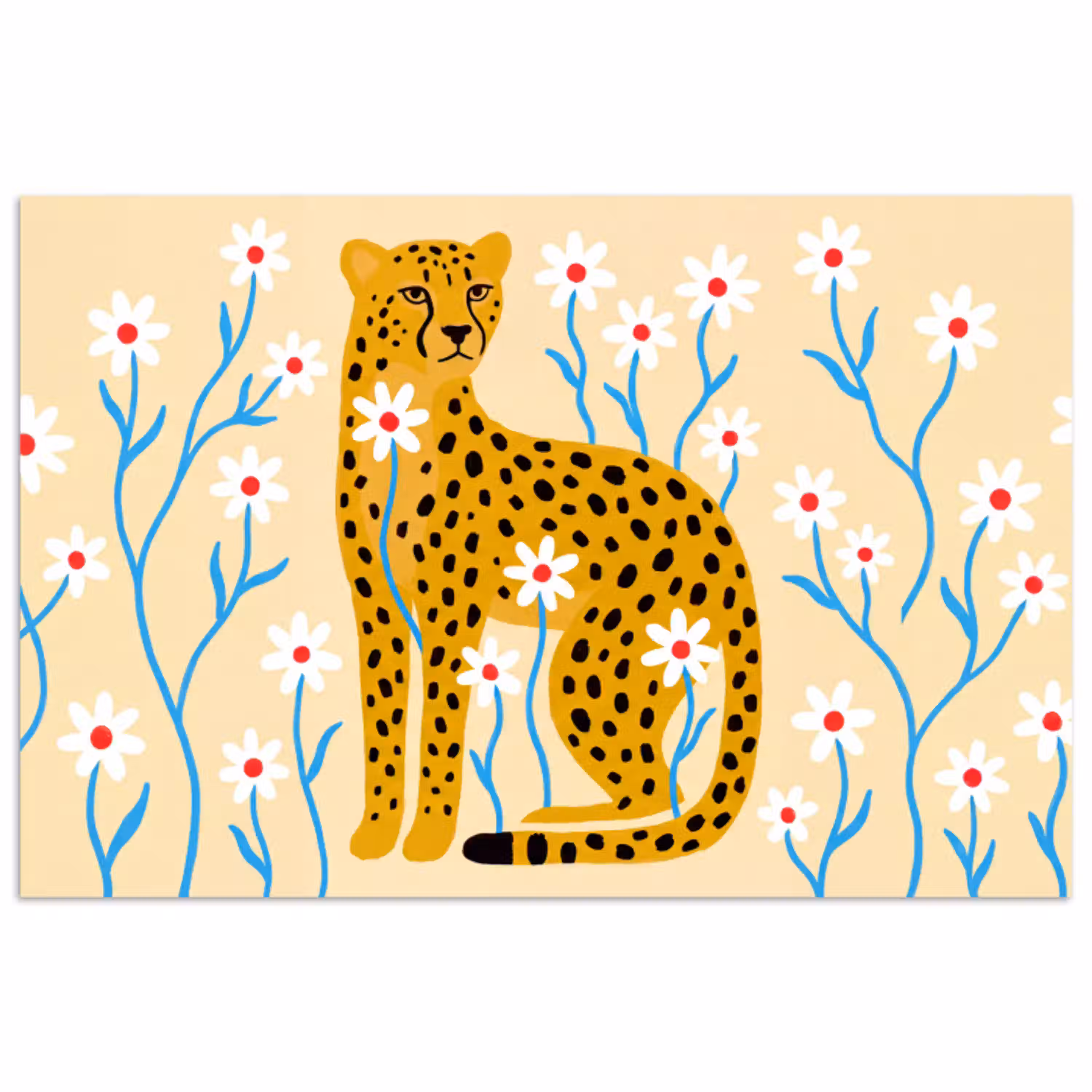 Dieren - Jachtluipaard - Bloemen - Modern - Geel poster papier klein -3d